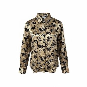 Vintage Nina Taylor Women's Button‎ Down Long Sleeve Shirt Beige Black Size M